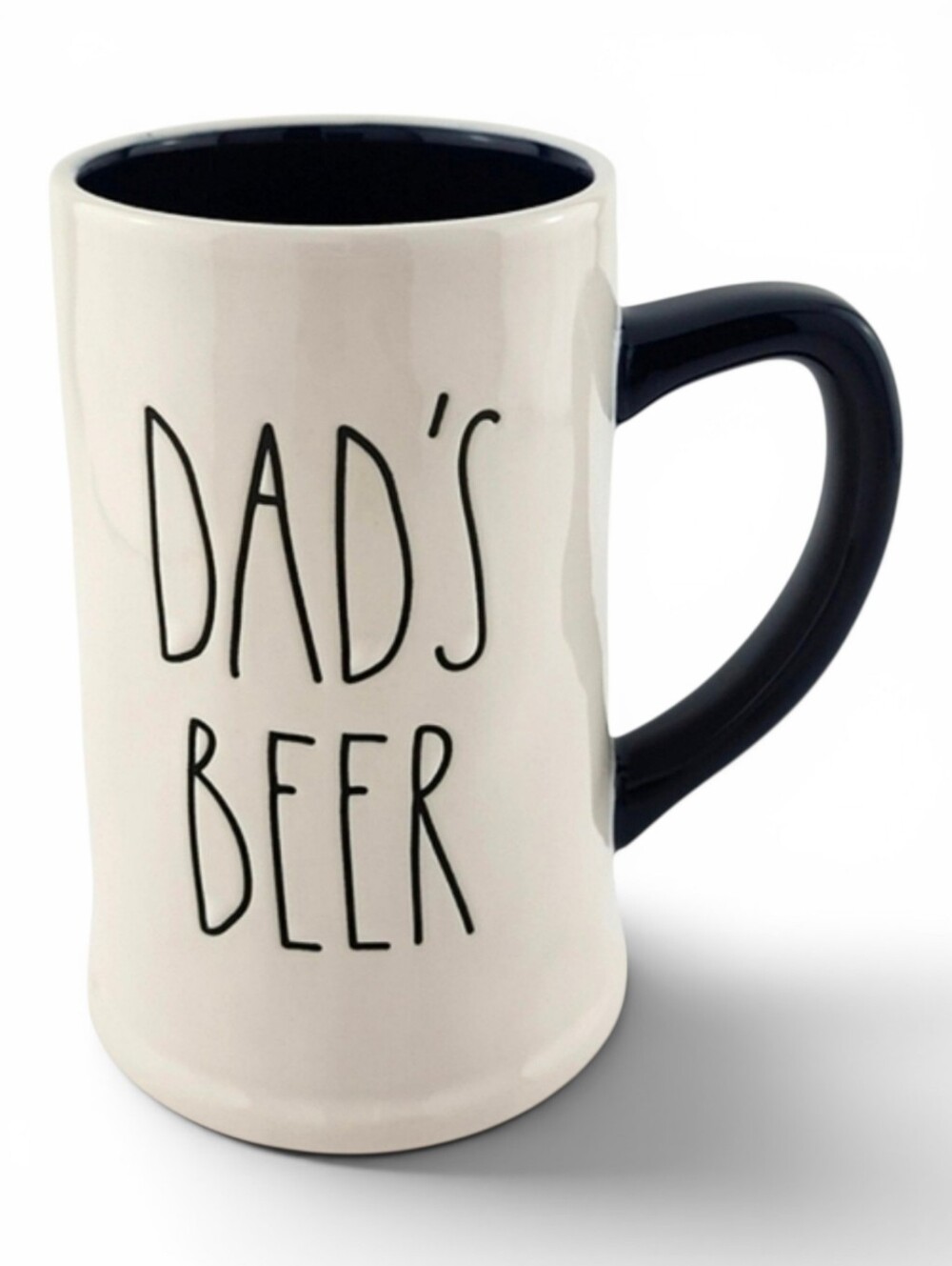 Rae Dunn Artisan Collection White Stein Mug Large Letters DAD'S BEER Blue Handle